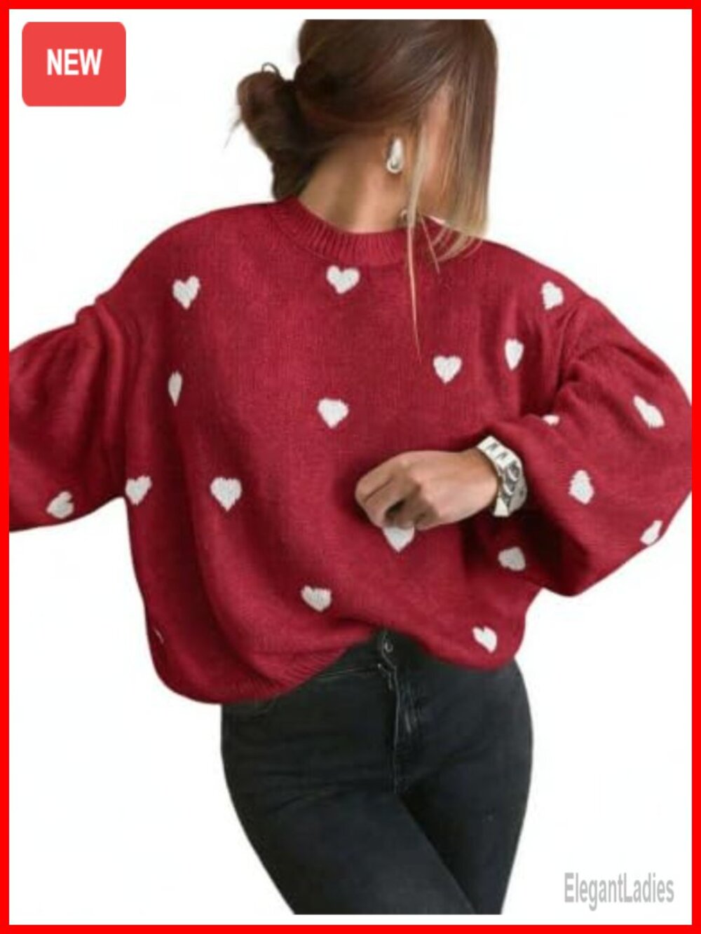 Oversized Heart Print Lantern Sleeve Pullover Sweater Soft Warm Knit